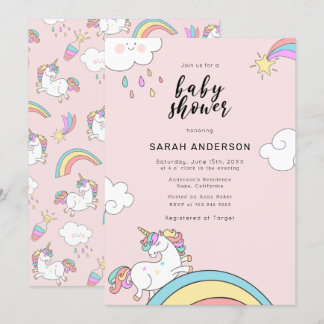 Inbjudan till Cute Unicorn Doodle Baby Shower