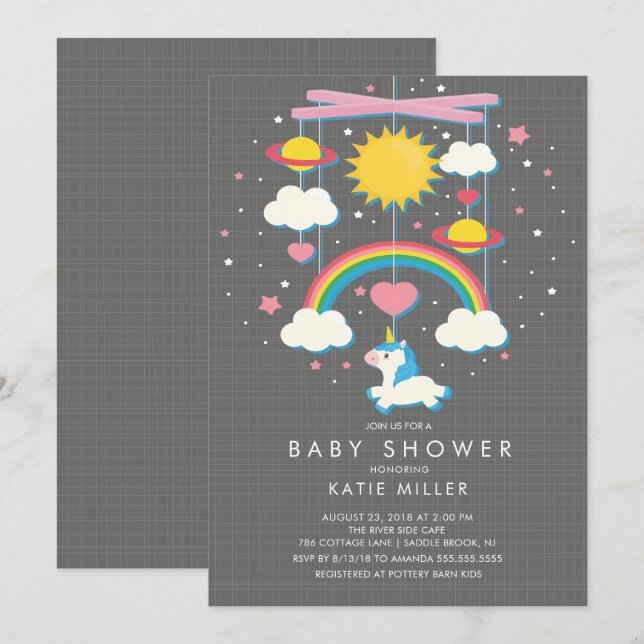 Inbjudan till Cute Unicorn Mobile Baby Shower (Fram/baksida)