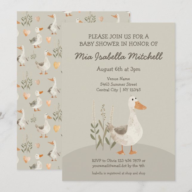Inbjudan till Cute Watercolor Goose Baby Shower (Fram/baksida)