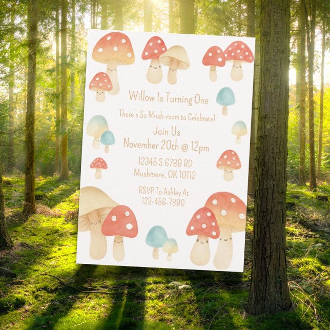 Inbjudan till Cute Watercolor Mushroom Barns födel (Whimsical watercolor mushroom birthday invitation design )