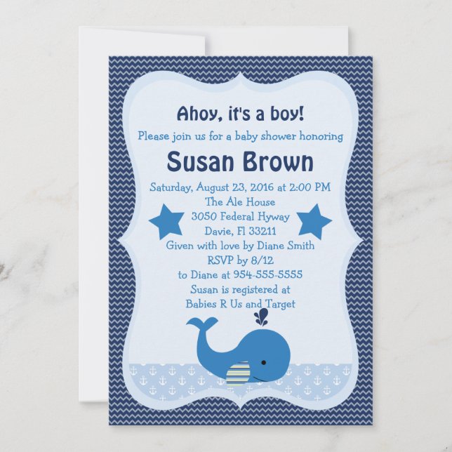 Inbjudan till Cute Whale Nautical Baby Shower (Framsida)