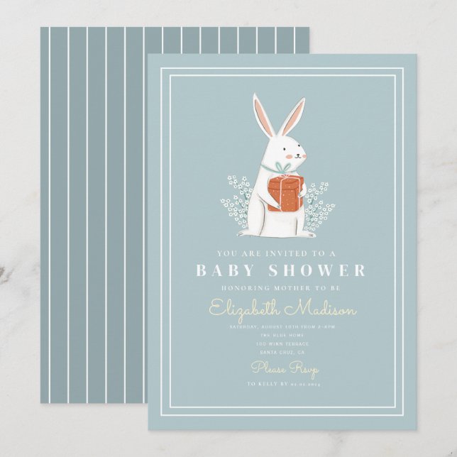 Inbjudan till Cute White Bunny Blue Baby Shower (Fram/baksida)