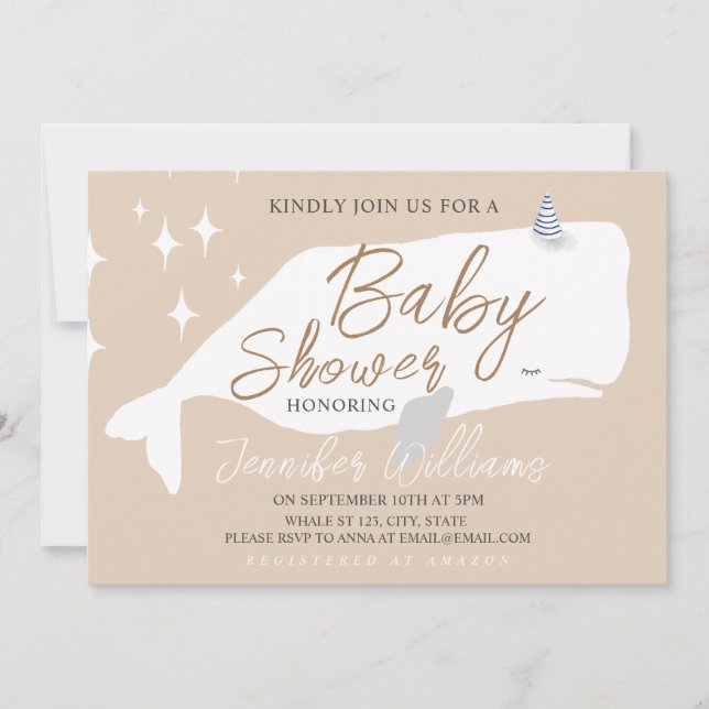 Inbjudan till Cute White Whale Baby Shower Beige (Framsida)