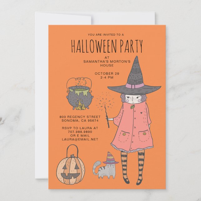 Inbjudan till Cute Witch Barn Orange Halloween fes (Framsida)