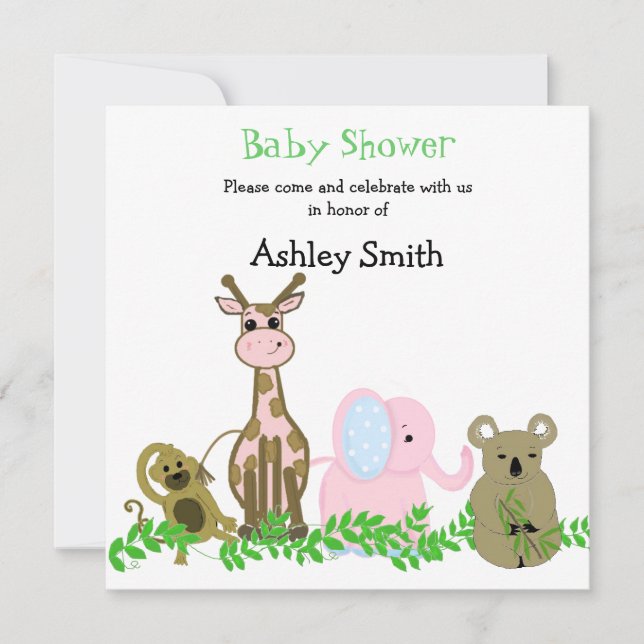 Inbjudan till Cute Zoo Animal Baby Shower (Framsida)