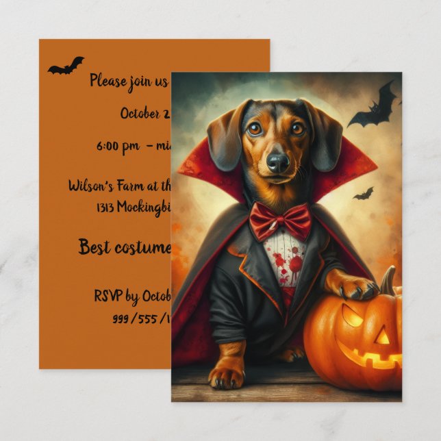 Inbjudan till Dachshund Dracula Halloween fest (Fram/baksida)