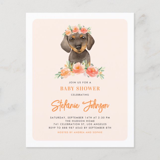 Inbjudan till Dachshund och Peach Flowers Baby Sho (Framsida)