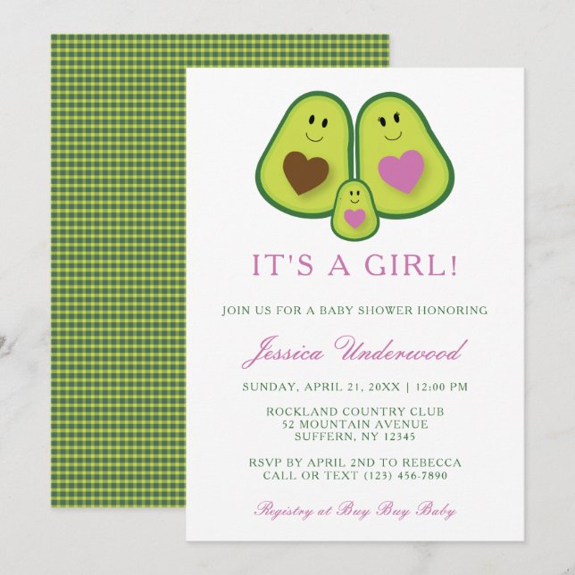 Inbjudan till daglig daglig avocado Girl Baby Show (Fram/baksida)