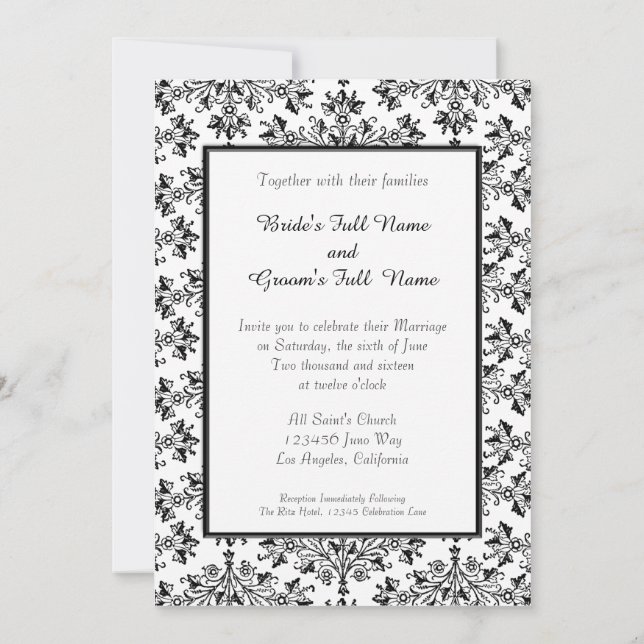 Inbjudan till daisy Damask Black White Personligt  (Baksida)
