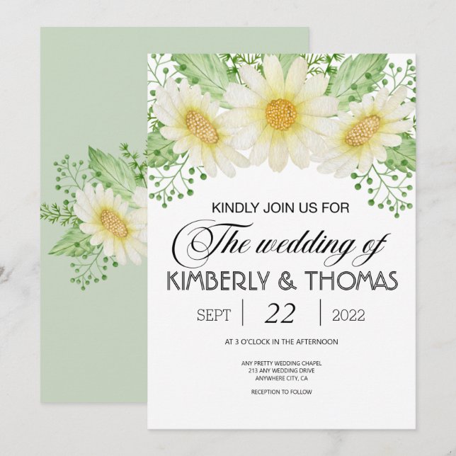 Inbjudan till daisy Flowers Watercolor Wedding (Fram/baksida)