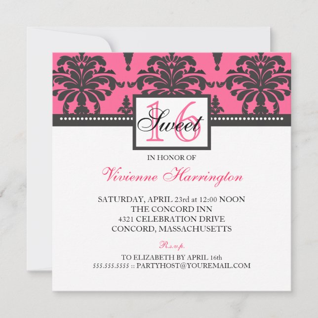 Inbjudan till Damask Black & Shock rosa Sweet 16 (Framsida)
