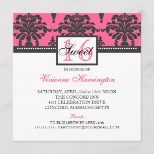 Inbjudan till Damask Black & Shock rosa Sweet 16