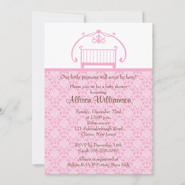 Inbjudan till Damask Crib Girl Baby Shower (Framsida)
