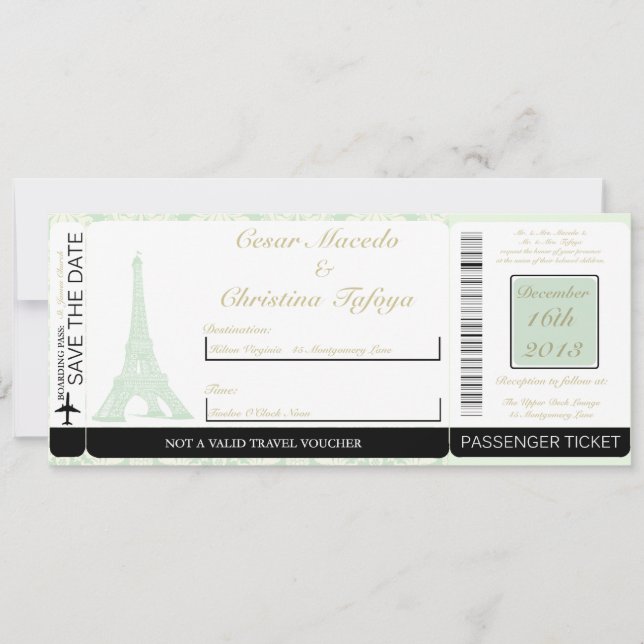 Inbjudan till Damask Paris Boarding Pass Wedding (Framsida)