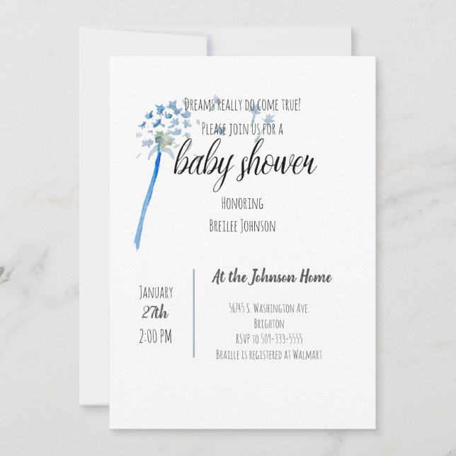 Inbjudan till Dandelion Watercolor Baby Shower (Framsida)