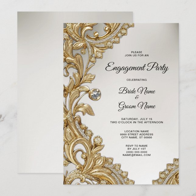 Inbjudan till dekorativ Förlovning i Guld (Fram/baksida)