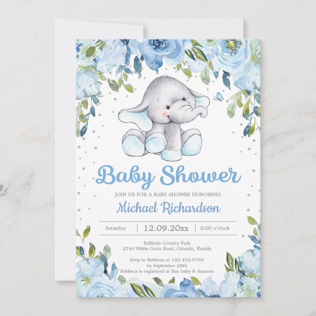 Inbjudan till den blå Blommigten Elephant Baby Sho (Framsida)