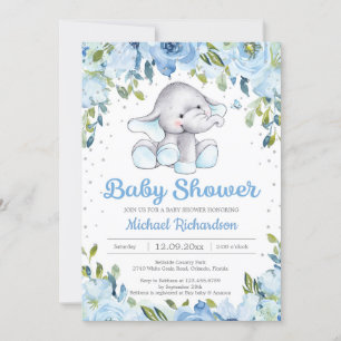 Inbjudan till den blå Blommigten Elephant Baby Sho
