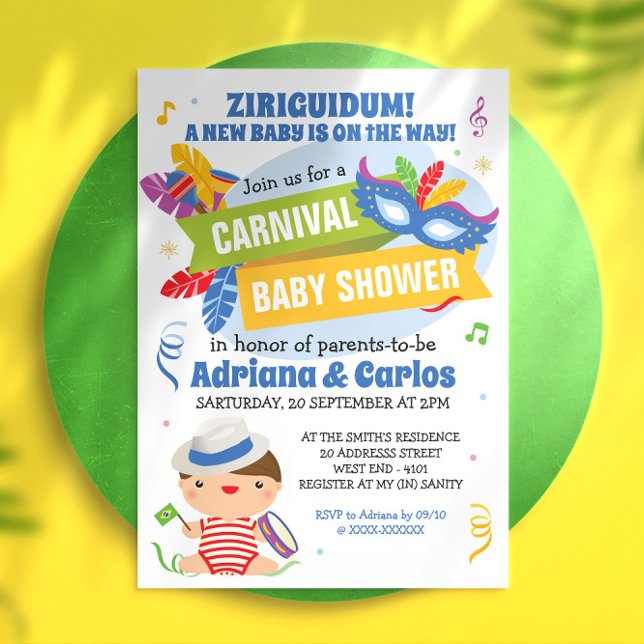 Inbjudan till den brasilianska karnival Baby Showe ( Start your baby shower with this super colorful and full of Ziriguidum invitation.)