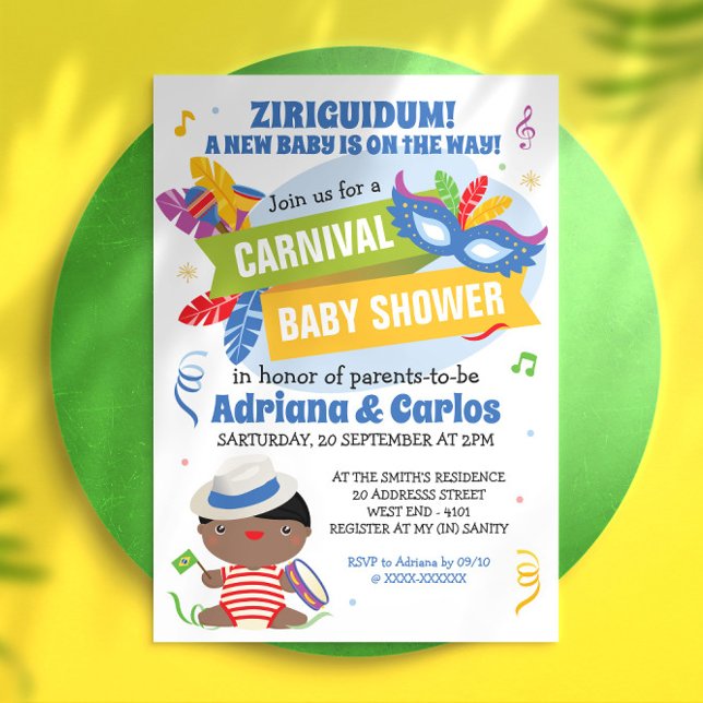 Inbjudan till den brasilianska karnival Baby Showe ( Start your baby shower with this super colorful and full of Ziriguidum invitation.)
