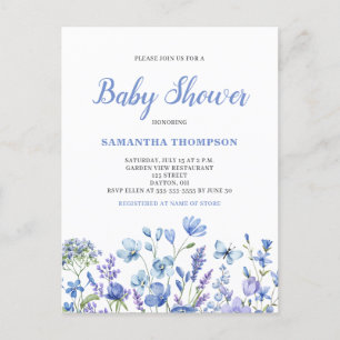 Inbjudan till den delikata blåa Blommigten Baby Sh