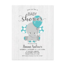 Inbjudan till den elefanta babysknappen i vitt trä