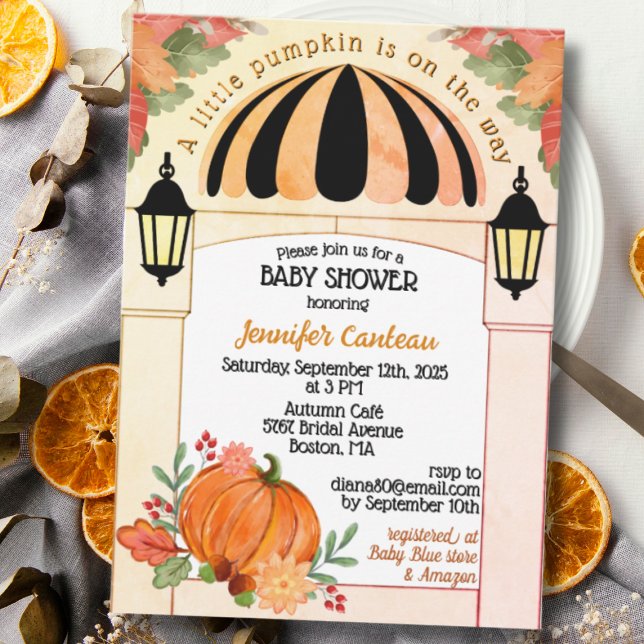 Inbjudan till den lilla pumpa höstfällan för spädb (Autumn, Fall Baby Shower Invitation with Pumpkin)