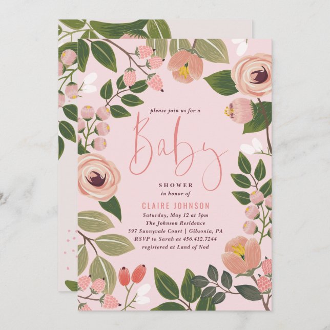 Inbjudan till den målade Blommigten Baby Shower |  (Fram/baksida)