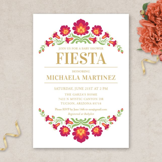 Inbjudan till den mexikanska babybabyn, röd Blommi (Red Floral Mexican Fiesta Baby Shower Invitation)