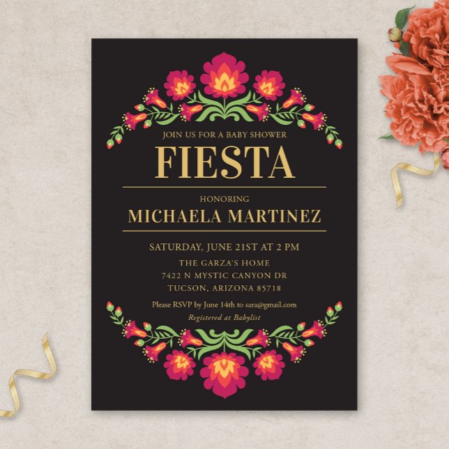 Inbjudan till den mexikanska babybabyn, röd Blommi (Red Floral Mexican Fiesta Baby Shower Invitation)