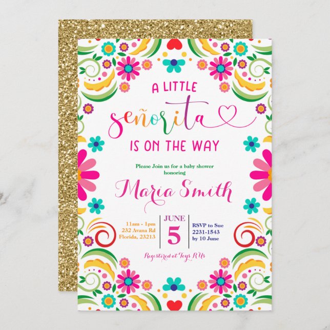 Inbjudan till den mexikanska Blommigten Fiesta Bab (Fram/baksida)