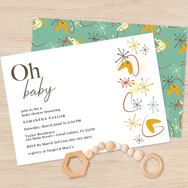 Inbjudan till den moderna babyduschen i mitten av  (Oh Baby Atomic Starbursts Baby Shower Invitation)
