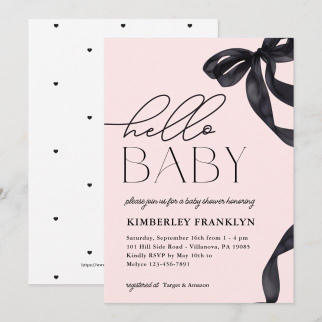 Inbjudan till den moderna Hej Baby Bow Girl Baby S (Fram/baksida)
