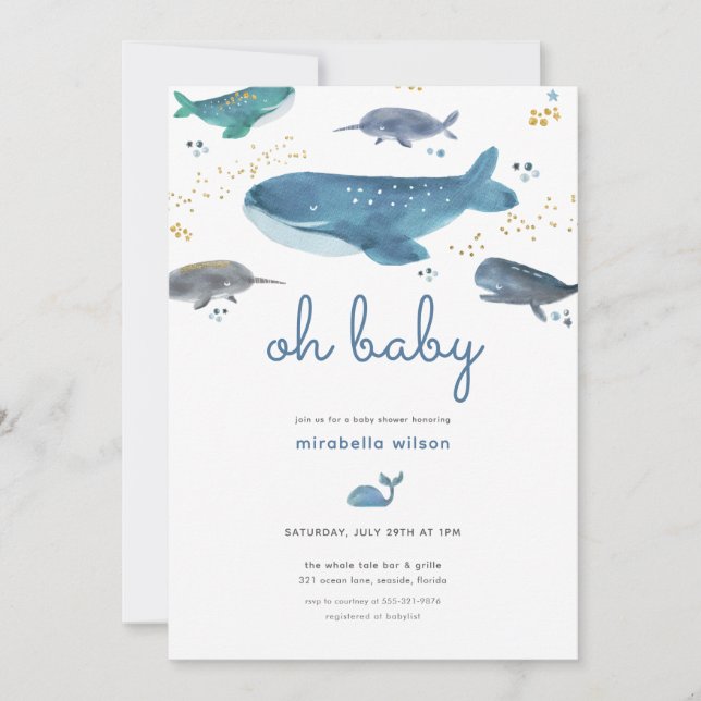 Inbjudan till den moderna Ocean Whale Baby Shower (Framsida)