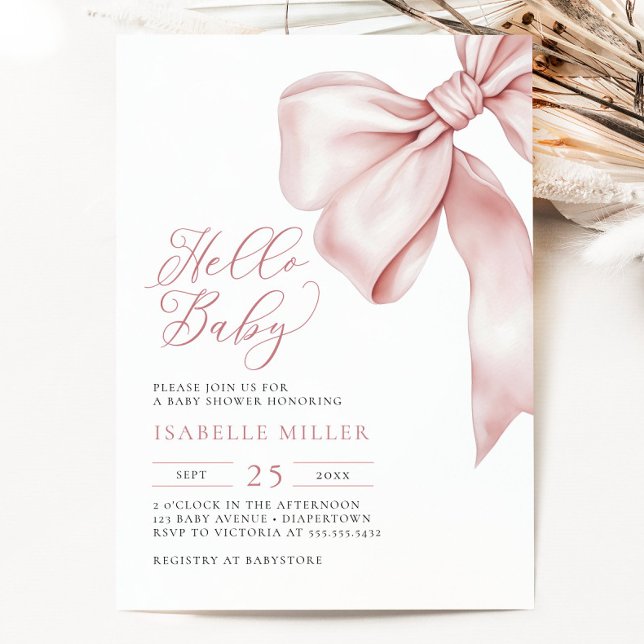 Inbjudan till den moderna Rosan Bow Baby Shower (Modern Pink Bow Baby Shower Invitation)