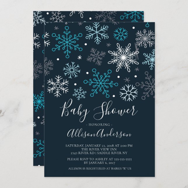 Inbjudan till den moderna Snöflingor-vinter-babyn  (Fram/baksida)
