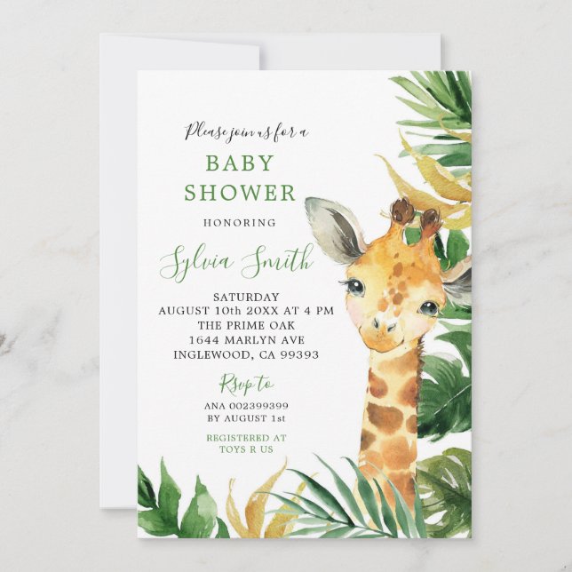Inbjudan till den tropiska Giraffe Boy Baby Shower (Framsida)