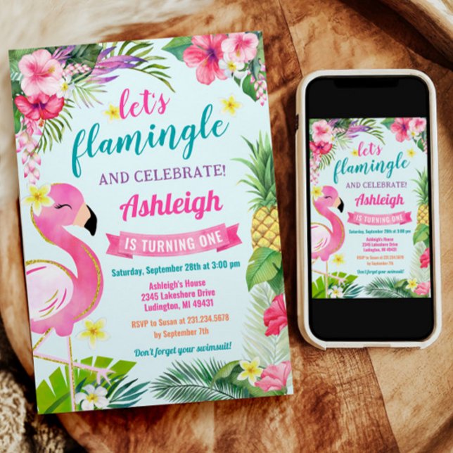 Inbjudan till den tropiska sommardagen 1:a födelse (Tropical Flamingo 1st Birthday Invitation.)