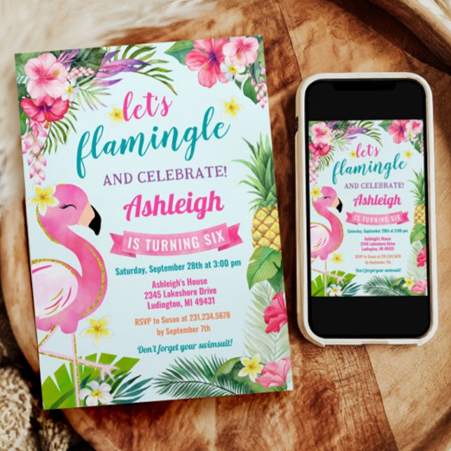 Inbjudan till den tropiska sommardagen i 6e (Summer Tropical Flamingo 6th Birthday Invitation)