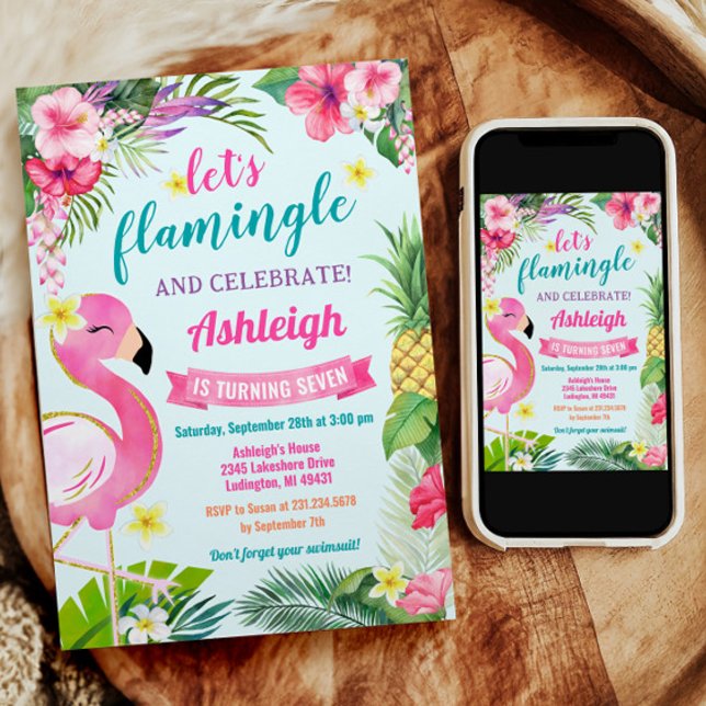Inbjudan till den tropiska sommardagen i 7:e (Summer Tropical Flamingo 7th Birthday Invitation)