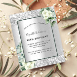 Inbjudan till den vita blommigten eukalyptus från<br><div class="desc">Faux silver tittar bakgrund med vita blommigtar,  blommor,  eukalyptus greenery och faux silver glitter,  gnistor. Anpassa och lägg till ditt namn och information om party. Black brev.</div>