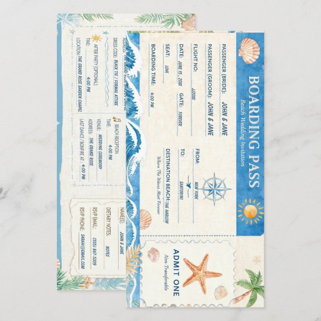 Inbjudan till destinationbröllop med ombordstignin (Fram/baksida)