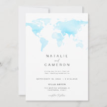 Inbjudan till destinationsbröllop med världskarta