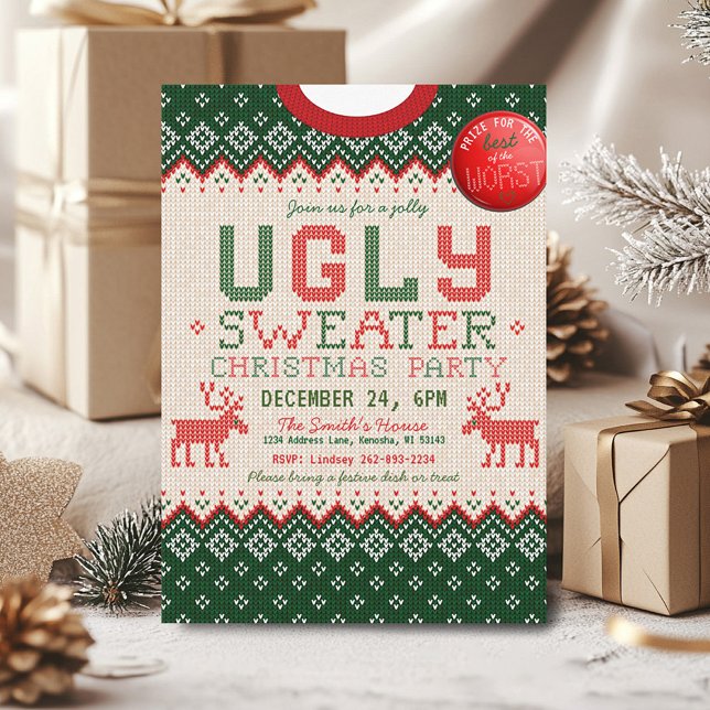 Inbjudan till det fuktiga svenska julpartiet (Cute argyle knitted ugly sweater Christmas Party Invitation, green red white tan, prize button  )