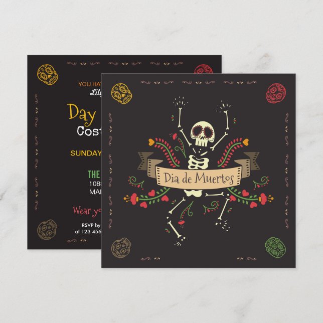 Inbjudan till Dia de los Muertos Halloween fest (Fram/baksida)
