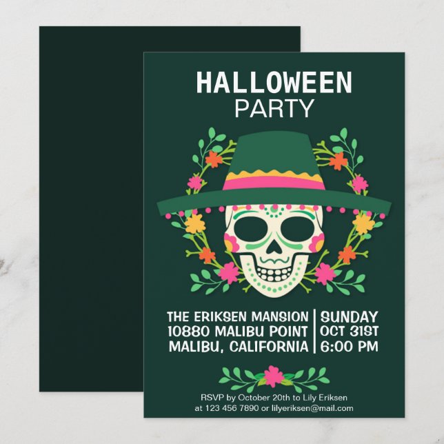 Inbjudan till Dia de los Muertos Halloween fest (Fram/baksida)