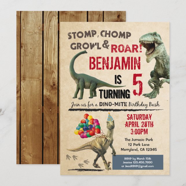 Inbjudan till Dinosauer-födelsedagspresent (Fram/baksida)