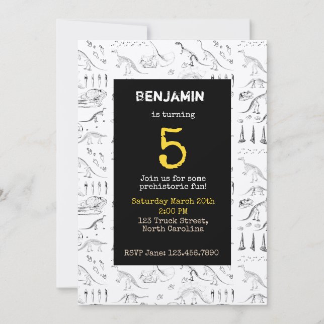 Inbjudan till Dinosaur Fossils Mönster Barns födel (Framsida)