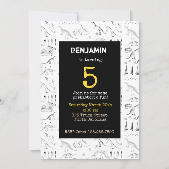 Inbjudan till Dinosaur Fossils Mönster Barns födel (Framsida)