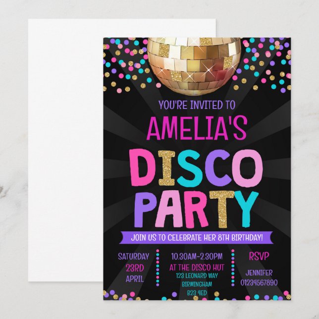 Inbjudan till Disco Party på födelsedagen (Fram/baksida)